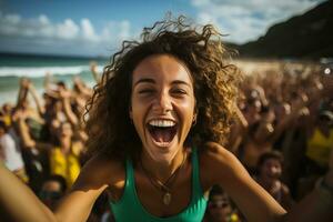 brasiliano spiaggia calcio fan festeggiare un' vittoria foto