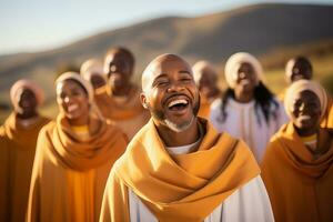 gruppo di cristiano vangelo cantanti all'aperto nel lode di signore Gesù Cristo foto