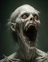 Scarry zombie con sanguinoso viso all'aperto, avvicinamento. Halloween mostro foto
