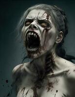 Scarry zombie con sanguinoso viso all'aperto, avvicinamento. Halloween mostro foto