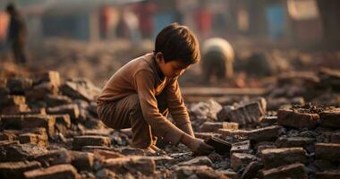 un' minorenne bambino è Lavorando su duro condizione mondo giorno contro bambino lavoro duro e faticoso ai generativo foto