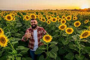 contento contadino è in piedi nel il suo girasole campo quale è nel fiore. lui è contento perché di bene stagione e bene progresso di il impianti. foto