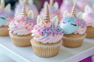 adorabile carino unicorno tema compleanno festa cupcakes. ai generato foto