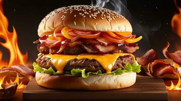 foto di un' delizioso triplicare carne Hamburger con Bacon e giallo formaggio fuoco su sfondo