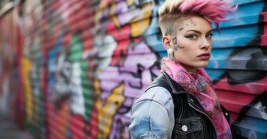 genderqueer modello contro graffiti parete. foto