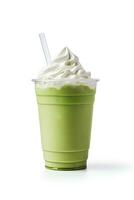 verde tè frappucino con frustato crema nel un' porta via tazza isolato su bianca sfondo. ai generato foto