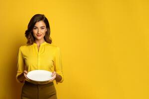 giovane bellissimo elegante donna Tenere un vuoto piatto o piatto isolato su giallo sfondo con copia spazio. ai generato foto