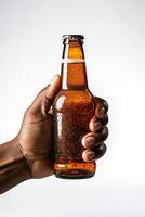 un' maschio mano Tenere su un' bottiglia di birra isolato su un' bianca sfondo. ai generato foto