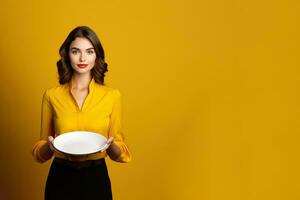 giovane bellissimo elegante donna Tenere un vuoto piatto o piatto isolato su giallo sfondo con copia spazio. ai generato foto