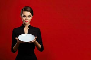 giovane bellissimo elegante donna Tenere un vuoto piatto o piatto isolato su rosso sfondo con copia spazio. ai generato foto