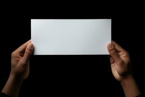 un' umano mano Tenere un' vuoto foglio di bianca carta o carta isolato su nero sfondo. ai generato foto
