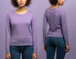donna indossare un' viola maglietta con lungo maniche. davanti e indietro Visualizza. ai generato foto