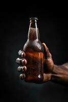 un' maschio mano Tenere su un' bottiglia di birra isolato su un' nero sfondo. ai generato foto
