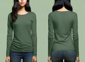 donna indossare un' verde maglietta con lungo maniche. davanti e indietro Visualizza. ai generato foto