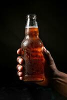 un' maschio mano Tenere su un' bottiglia di birra isolato su un' nero sfondo. ai generato foto
