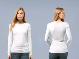 donna indossare un' bianca maglietta con lungo maniche. davanti e indietro Visualizza. ai generato foto
