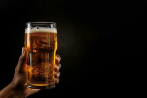 un' maschio mano Tenere su un' bicchiere di birra isolato su un' nero sfondo con copia spazio. ai generato foto