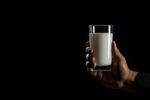 mano Tenere un' bicchiere di fresco latte isolato su nero sfondo con copia spazio. ai generato foto