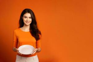 giovane bellissimo elegante donna Tenere un vuoto piatto o piatto isolato su arancia sfondo con copia spazio. ai generato foto