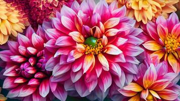 astratto floreale fiore dalia struttura sfondo - avvicinamento di colorato fioritura dalie, superiore Visualizza. ai generativo. foto