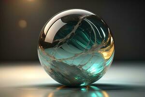 trasparente cristallo palla su un' di legno tavolo. ai generativo foto