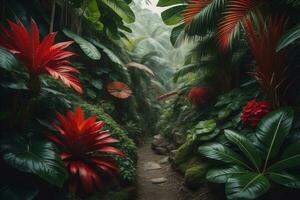 un' sentiero nel tropicale foresta pluviale con palma alberi e sentiero nel il nebbia. ai generativo foto