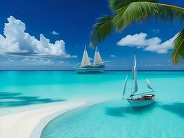 tropicale spiaggia nel Maldive con palma alberi e barca 3d rendere ai generativo foto