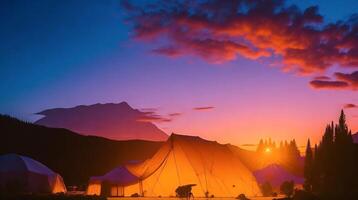 campeggio nel il montagne a tramonto. ai generativo foto