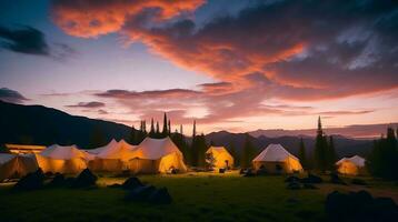 campeggio nel il montagne a tramonto. ai generativo foto