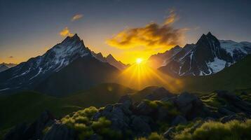 bellissimo tramonto nel il montagne. panorama di il montagne ai generativo foto