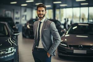 professionale lusso auto venditore nel lusso showroom. sorridente venditore nel showroom. costoso macchina. auto commerciante attività commerciale. settore automobilistico industria. lusso auto agente. auto concessionaria ufficio. generativo ai. foto