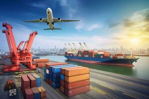 globale attività commerciale logistica e mezzi di trasporto importare esportare merce. contenitore carico nolo nave a internazionale porta. carico aereo volante sopra camion spedizione contenitore. logistica industria. generativo ai foto