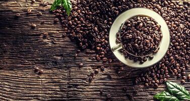 superiore di Visualizza tazza pieno di caffè fagioli su rustico quercia tavolo foto