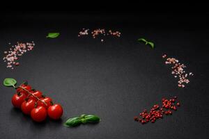 ingredienti per cucinando ciliegia pomodori, sale, spezie e erbe aromatiche foto