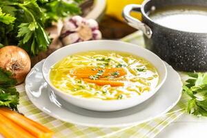 pollo la minestra brodo nel un' piatto carota cipolla sedano erbe aromatiche aglio e fresco verdure foto