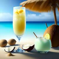 3d interpretazione realistico estate fresco limonata cocktail con Noce di cocco e mare spiaggia sfondo. generativo ai foto