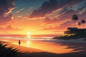 spiaggia paesaggio con tramonto Visualizza, generativo ai foto