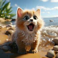 3d rendere di un' gatto esplorando il spiaggia foto