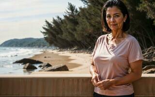 foto di mezzo anziano vecchio donna a Casa vicino mare spiaggia, generativo ai