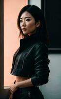 foto di asiatico donna nel giacca attrezzatura con colorato leggero nel sfondo, generativo ai