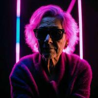 foto di mezzo anziano vecchio donna con con misto rosa e blu neon luce, generativo ai