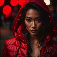 foto di donna nel rosso stoffa a strada notte con luce, generativo ai
