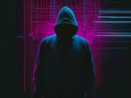 foto di uomo nel nero felpa con cappuccio nel server dati centro camera con neon luce, generativo ai