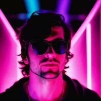 foto di bello uomo con con misto rosa e blu neon luce, generativo ai