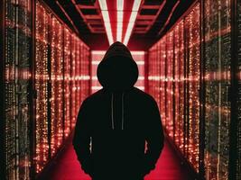 foto di uomo nel nero felpa con cappuccio nel server dati centro camera con neon luce, generativo ai