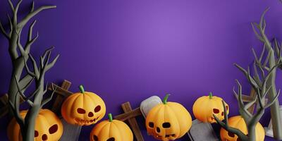 3d resa. design per Halloween bandiera con zucca,crocifisso, cranio, tomba su viola sfondo. asciutto alberi nel il cimitero. con copia spazio. foto