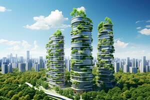 sostenibile verde edificio nel moderno città. verde architettura. eco-friendly costruzione. sostenibile edificio con verticale giardino ridurre co2. futuristico costruzione. netto zero emissioni. generativo ai. foto