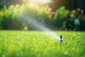 automatico prato spruzzatore irrigazione verde erba. spruzzatore con automatico sistema. giardino irrigazione sistema irrigazione prato. acqua Salvataggio o acqua conservazione a partire dal spruzzatore sistema. generativo ai. foto