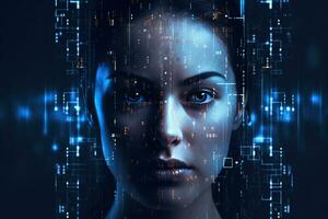 artificiale intelligenza e digitale tecnologia sfondo. futuristico mondo. persone interfaccia con ai sistemi. umano mente e binario regno di dati e informazione. donna viso riconosciuto. generativo ai foto