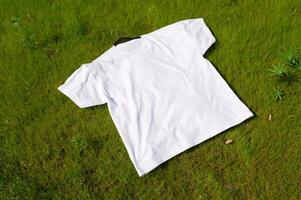 un' bianca maglietta è dire bugie su il erba foto